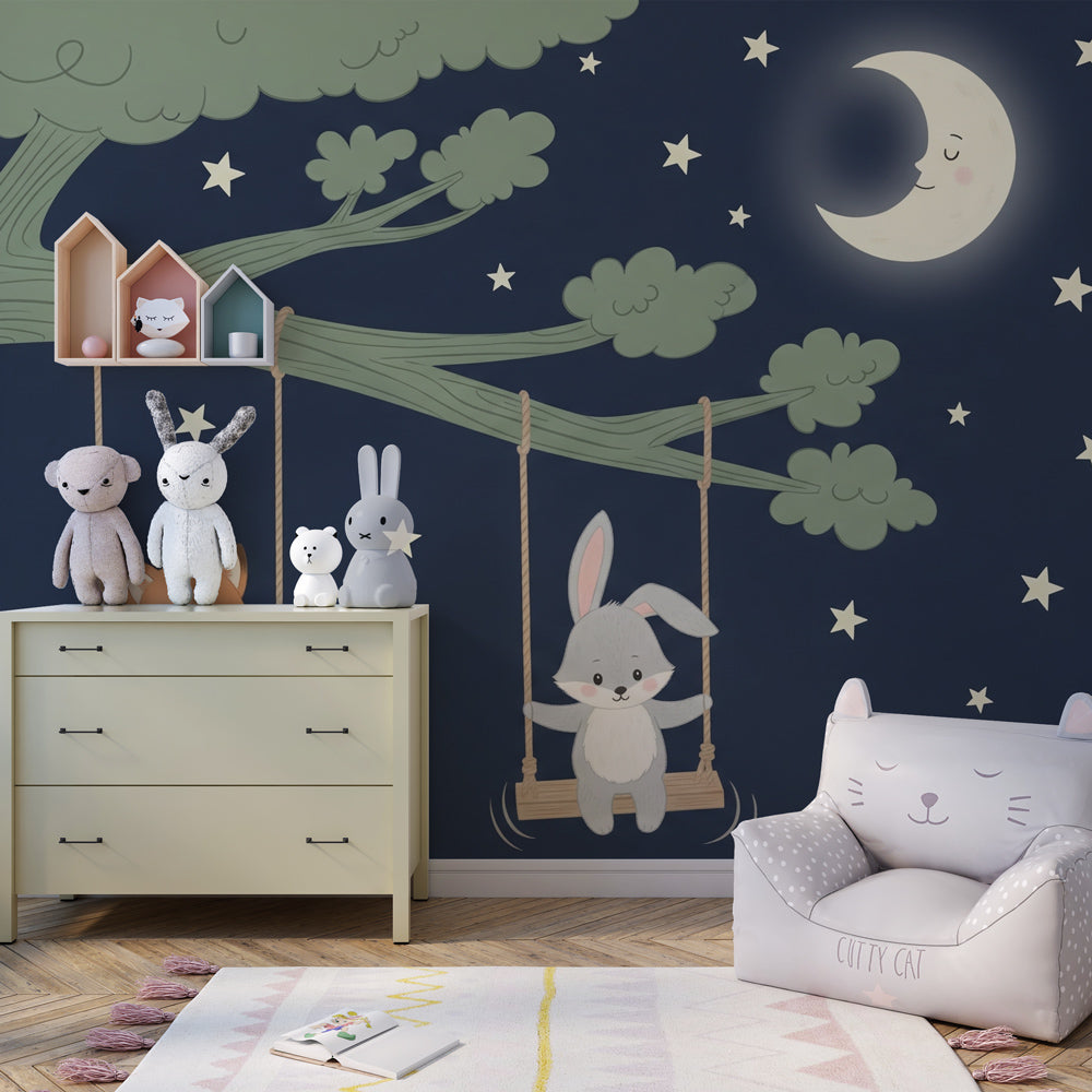 Starry night animal wallpaper in cozy children's bedroom with woodland creatures and moon by Kids-Mundo