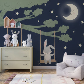 Starry night animal wallpaper in cozy children's bedroom with woodland creatures and moon by Kids-Mundo