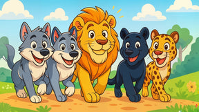 Detailed safari animal friends mural wallpaper design pattern showing lions wolves leopards by Kids-Mundo