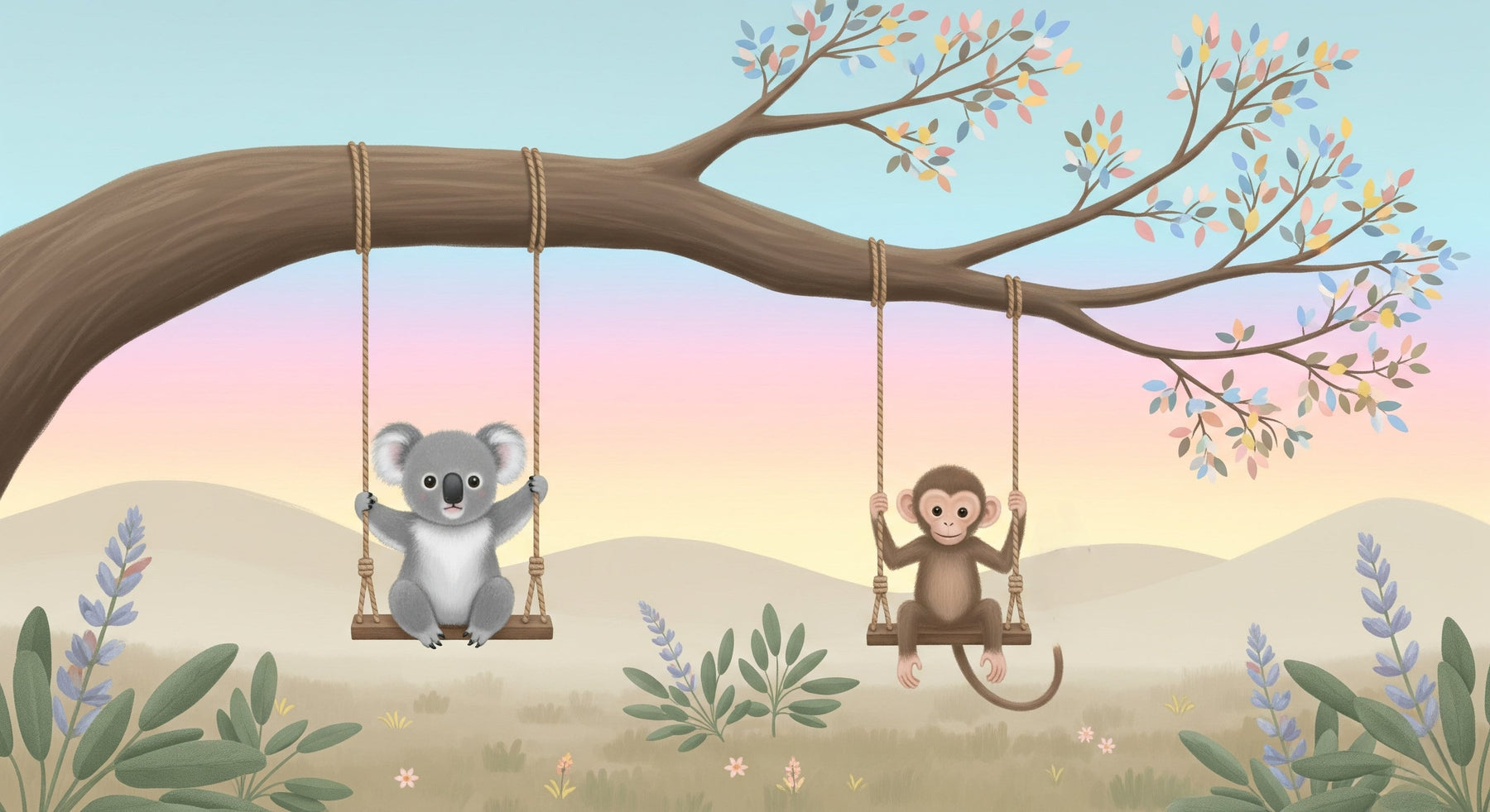 Detailed koala and monkey on swings mural wallpaper design pattern by Kids-Mundo
