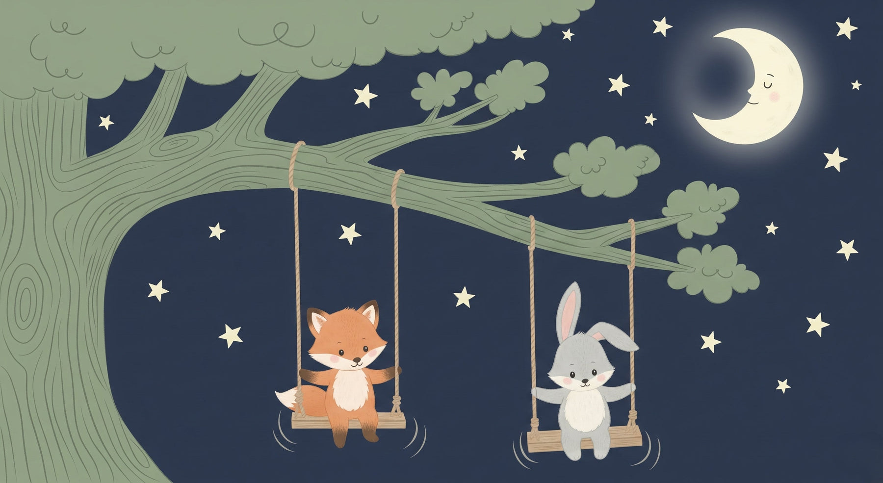 Detailed animal friends mural wallpaper design pattern showing fox and rabbit under starry sky by Kids-Mundo