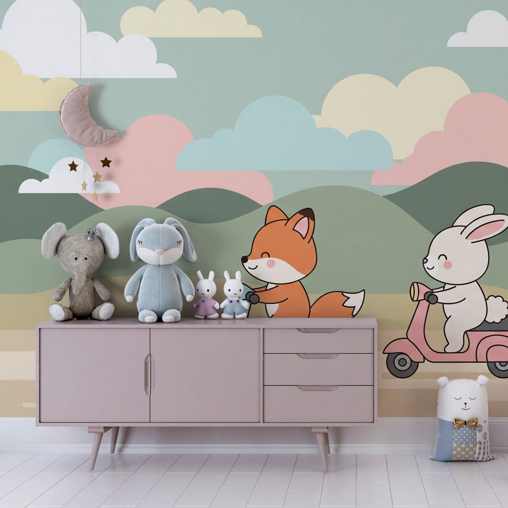 Animal friends mural wallpaper creating adventure theme in children's bedroom with pastel decor