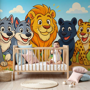 Safari animal friends mural wallpaper in bright nursery room with yellow accents by Kids-Mundo