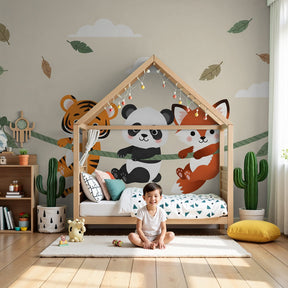 Animal friends mural wallpaper featuring tiger panda fox in cozy nursery by Kids-Mundo