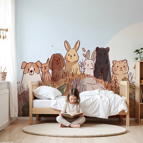 Animal friends mural wallpaper in bright nursery with wooden crib by Kids-Mundo