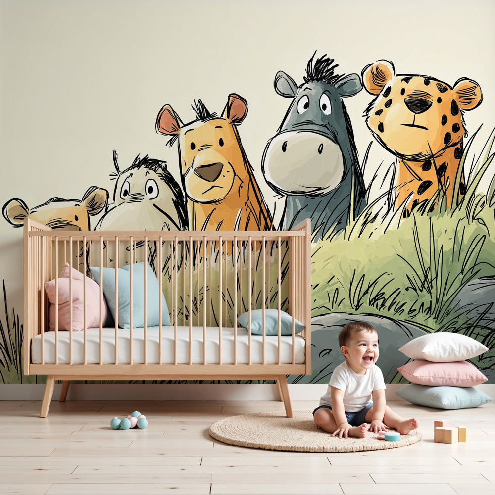 Animal friends mural wallpaper in bright nursery room with modern furniture by Kids-Mundo