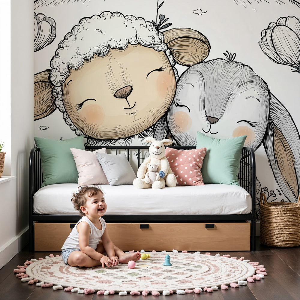 Animal friends mural wallpaper with sheep and rabbit in peaceful baby nursery by Kids-Mundo