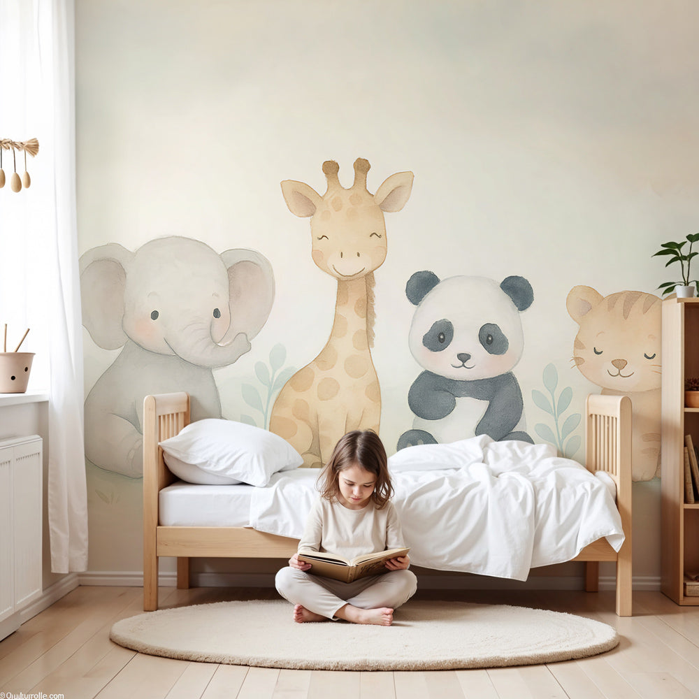 Animal friends mural wallpaper featuring safari animals in soft pastel nursery by Kids-Mundo