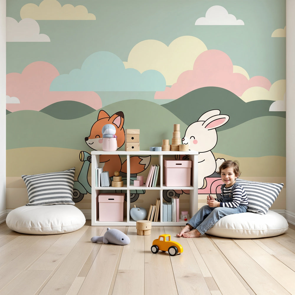 Fox and rabbit scooter mural wallpaper in modern nursery with wooden crib by Kids-Mundo