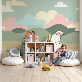 Fox and rabbit scooter mural wallpaper in modern nursery with wooden crib by Kids-Mundo