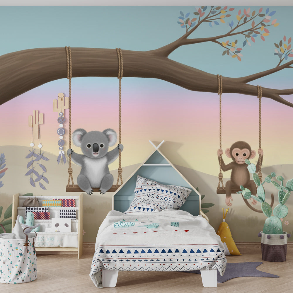 Whimsical animal mural wallpaper transforming kids playroom with friendship theme by Kids-Mundo