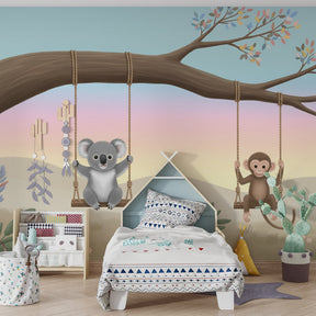 Whimsical animal mural wallpaper transforming kids playroom with friendship theme by Kids-Mundo