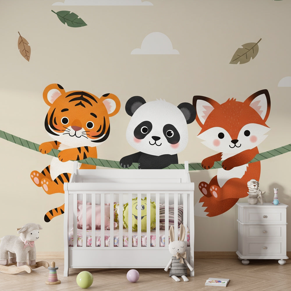 Tiger panda fox mural wallpaper transforming children's playroom into forest adventure space