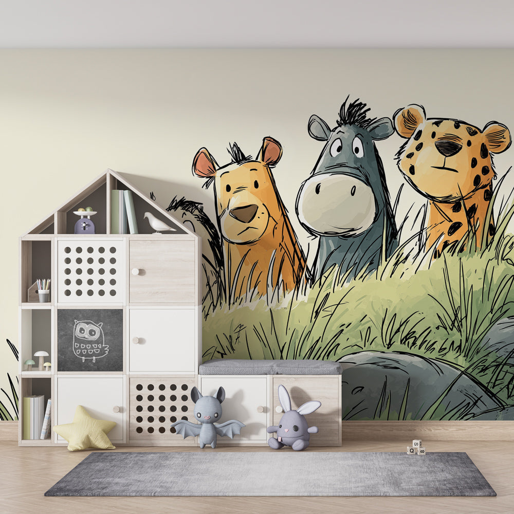 Grass garden animal wallpaper transforming kids playroom with whimsical nature theme