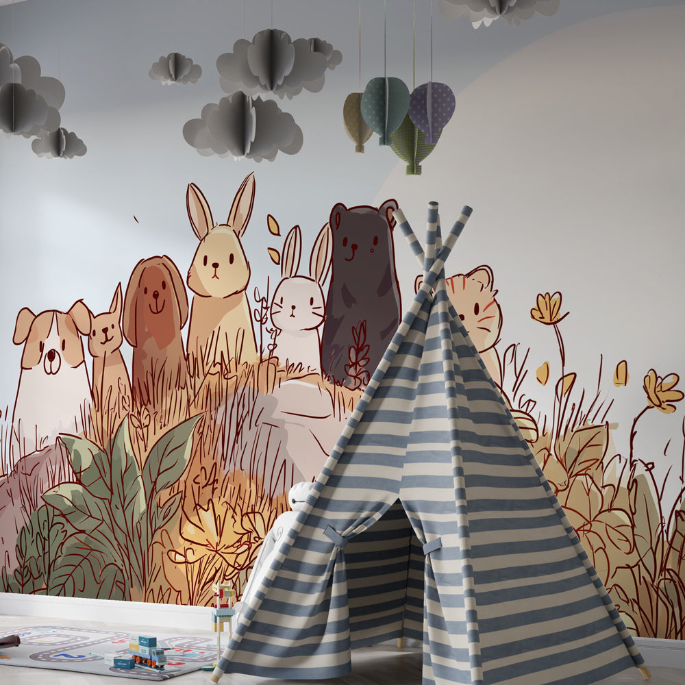 Woodland creatures mural wallpaper in colorful children's playroom setting