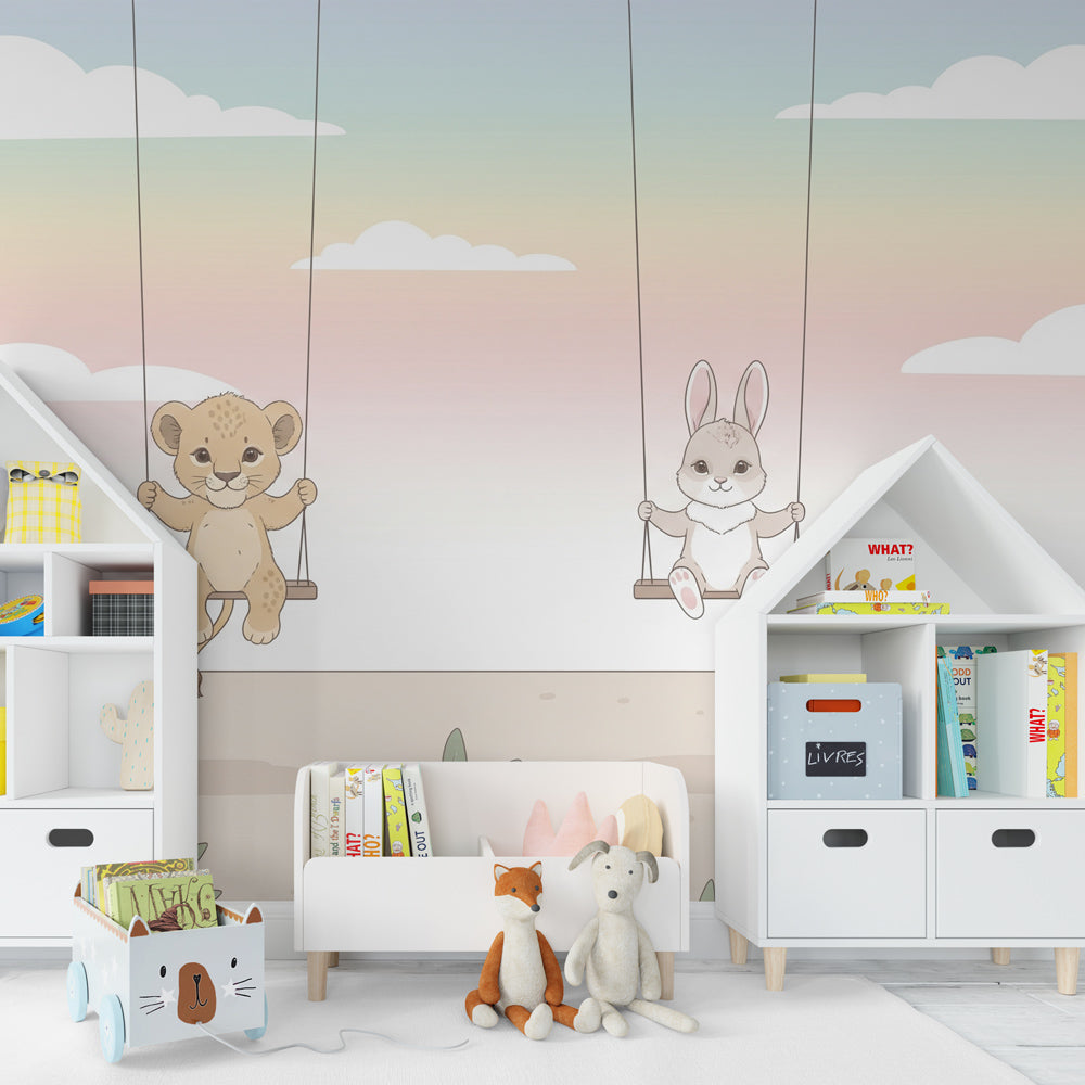 Gentle woodland animal wallpaper transforming baby playroom with soft pastel colors