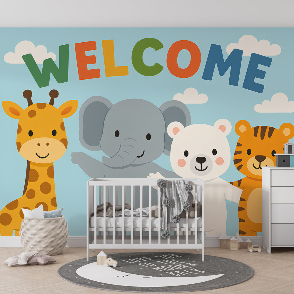 Welcome message animal mural wallpaper installed in cheerful children's playroom