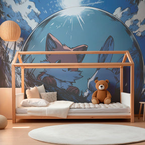Magical sky animal friends wallpaper transforming kids playroom with soft blue tones