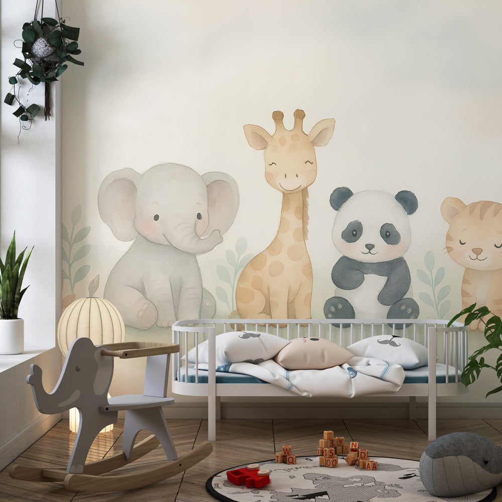 Soft animal themed mural wallpaper transforming toddler room with panda and tiger characters