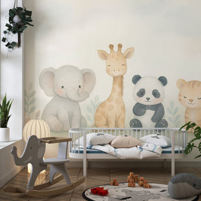 Soft animal themed mural wallpaper transforming toddler room with panda and tiger characters