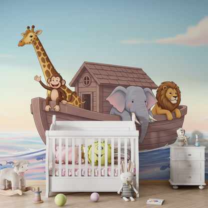 Kids-Mundo giraffe, monkey and elephant wall mural as a feature wall in a kids' bedroom.