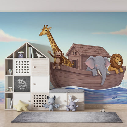 Kids-Mundo animal friends boat mural brightening a calm children's playroom wall.