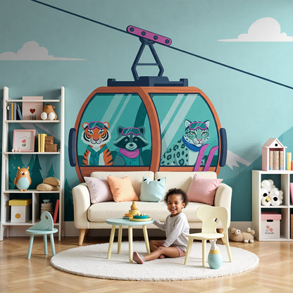 Kids-Mundo animal friends ski gondola wall mural in a bright nursery room