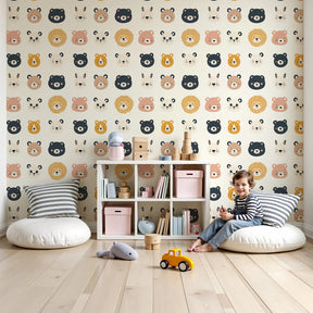 Animal heads mural wallpaper in modern nursery with safari bears and lions by Kids-Mundo