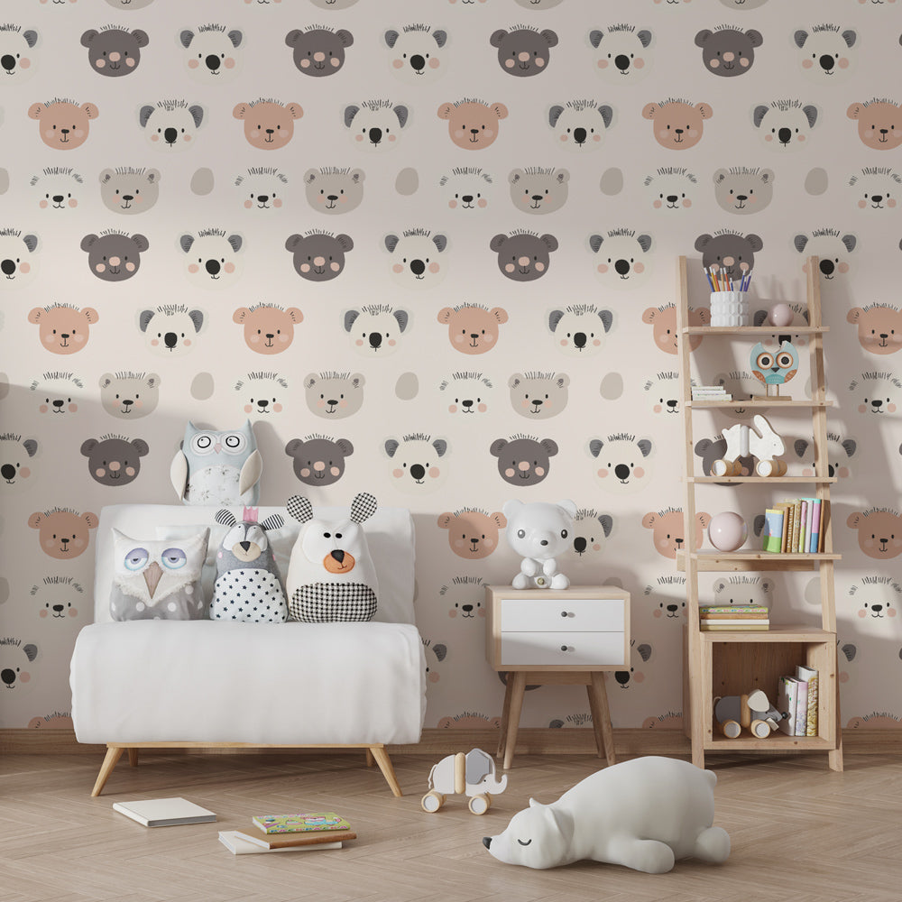 Cute animal heads wallpaper featuring bears and hedgehogs in modern kids playroom setting