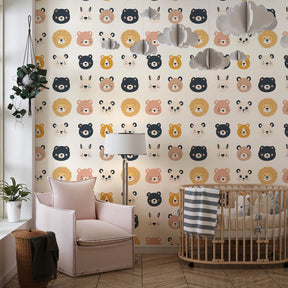 Safari animal heads wallpaper transforming kids playroom with friendly creature designs