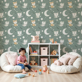 Animal moon mural wallpaper with sleeping forest friends in cozy nursery by Kids-Mundo