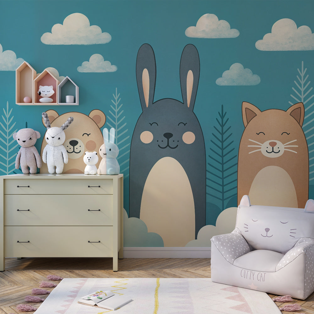 Smiling woodland animals mural wallpaper in soft blue tones for toddler room decoration