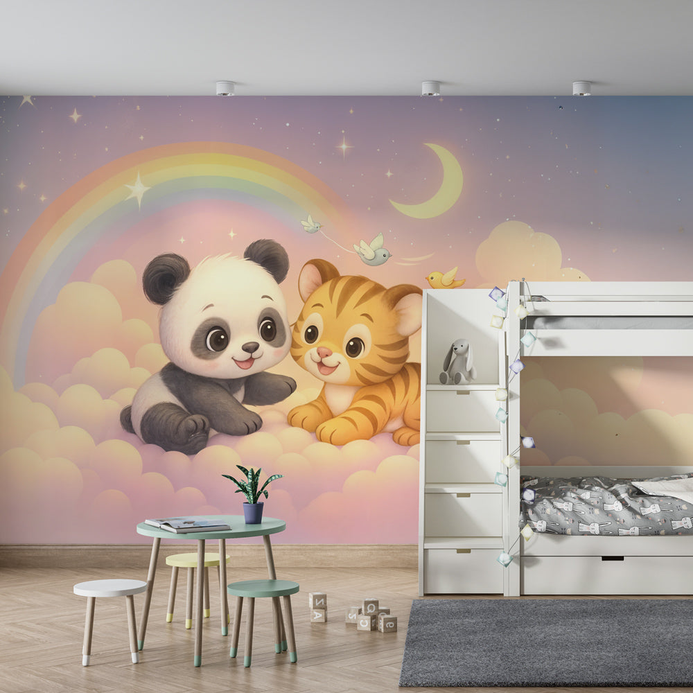 Cloud rainbow animal wallpaper featuring panda and tiger in modern kids bedroom setting