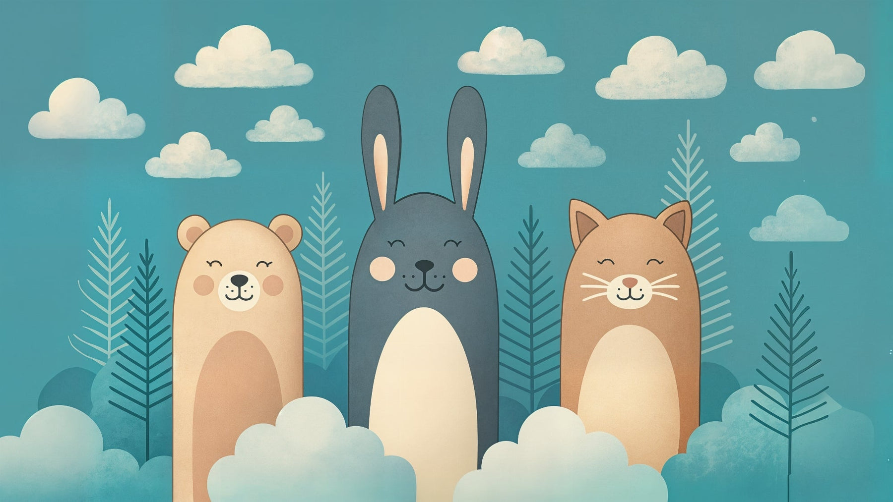 Detailed animal forest mural wallpaper design pattern featuring bear rabbit cat by Kids-Mundo