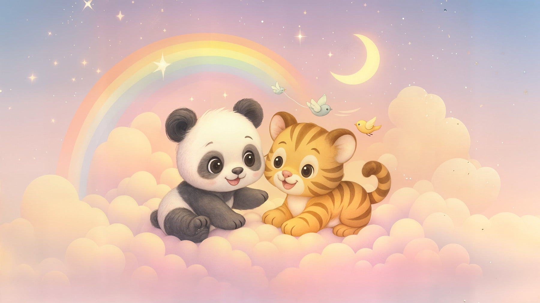 Detailed panda tiger cloud rainbow mural wallpaper design pattern with pastel colors by Kids-Mundo