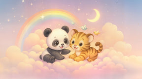 Detailed panda tiger cloud rainbow mural wallpaper design pattern with pastel colors by Kids-Mundo