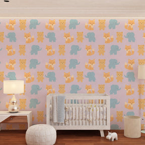 Animal themed mural wallpaper creating cozy children's bedroom decor with pastel creatures
