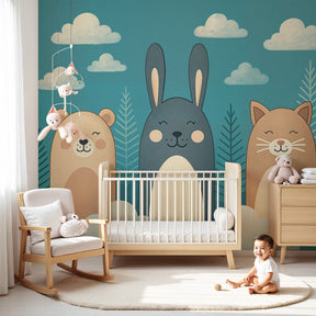 Animal mural wallpaper with smiling bear rabbit cat in modern nursery room by Kids-Mundo