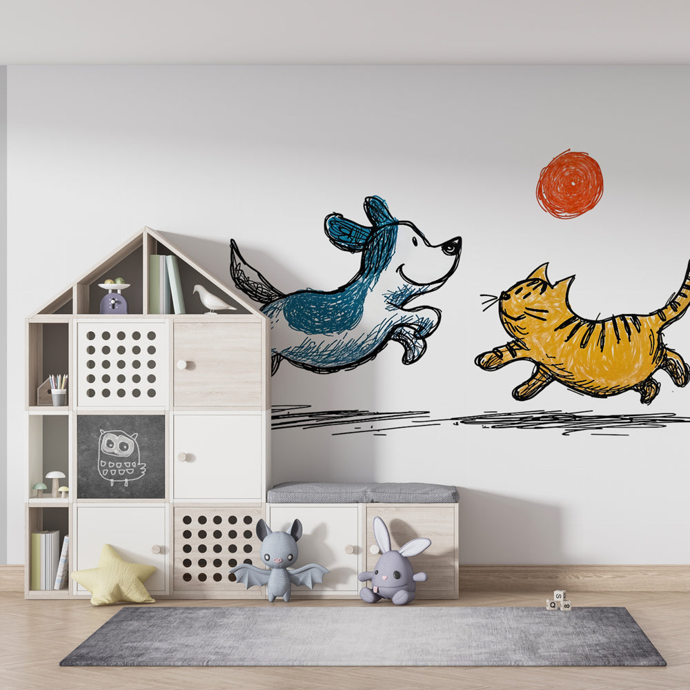 Pet-themed mural wallpaper transforming kids playroom with friendship motif