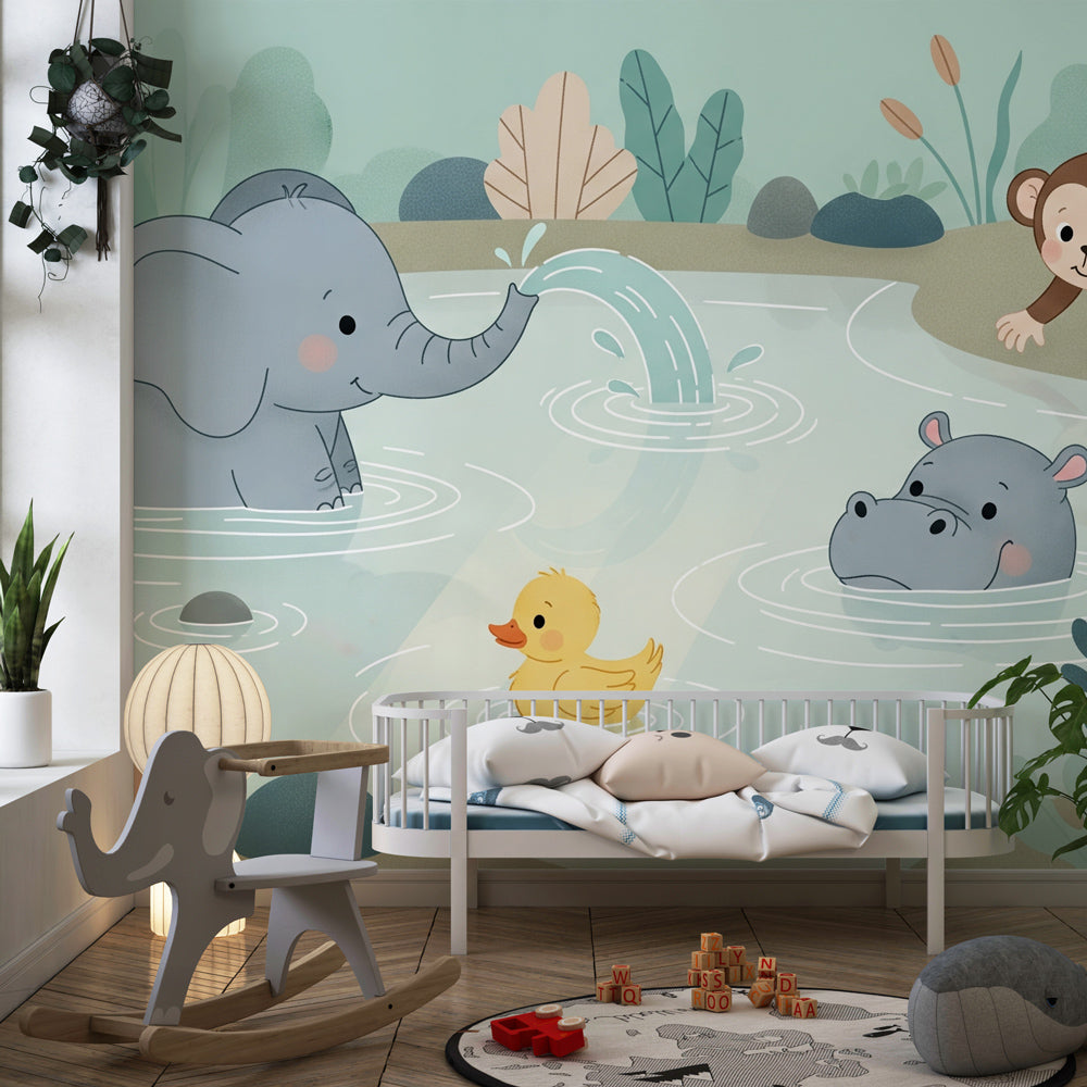 Animal mural wallpaper installed in bright children's playroom with safari pond theme