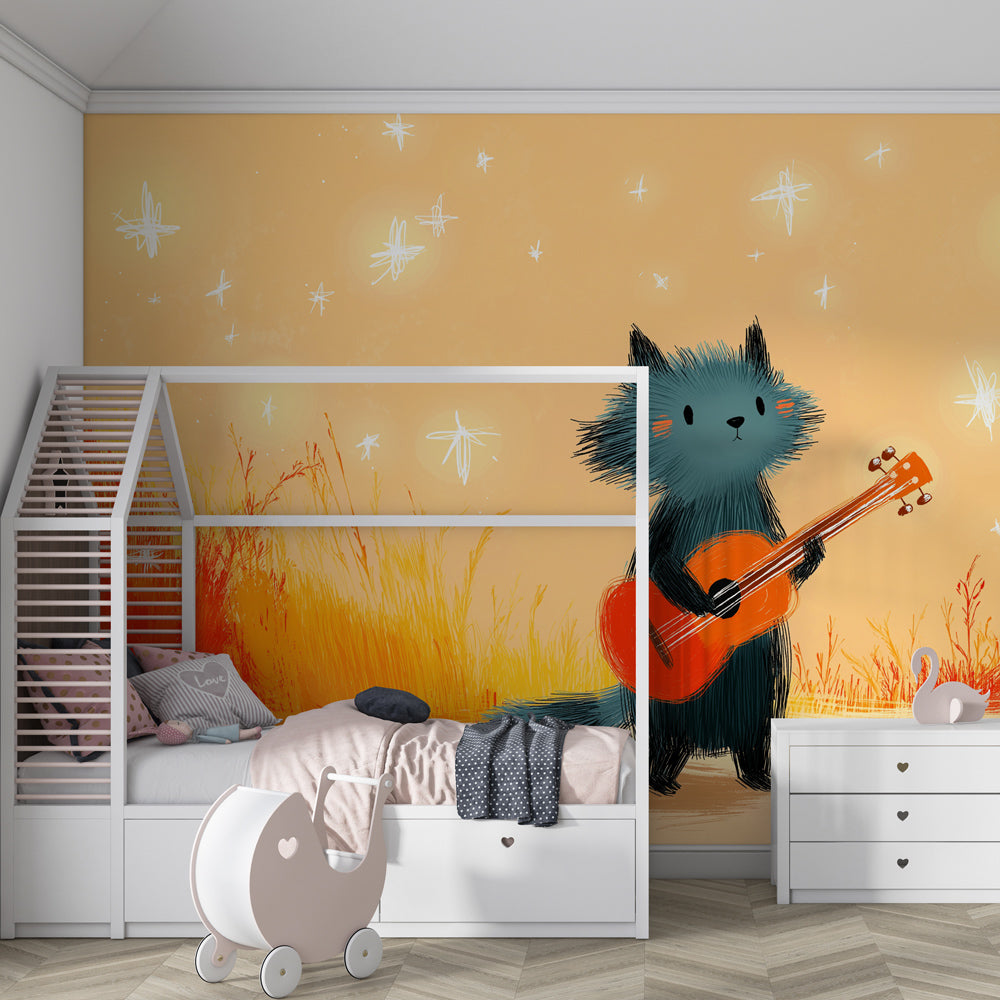 Musical animal wallpaper creating dreamy nursery atmosphere with sunset colors