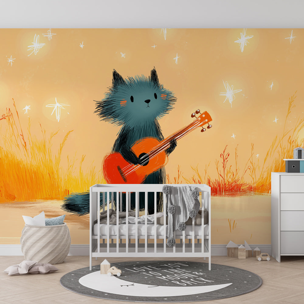 Starry night animal guitarist wallpaper inspiring creativity in children's playroom