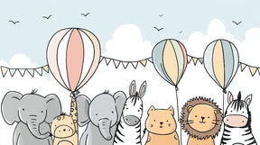 Detailed animal party mural wallpaper design pattern with elephants zebras and balloons by Kids-Mundo