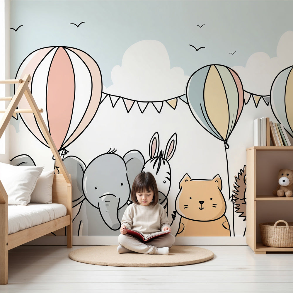 Animal party mural wallpaper with colorful balloons decorating modern baby nursery by Kids-Mundo