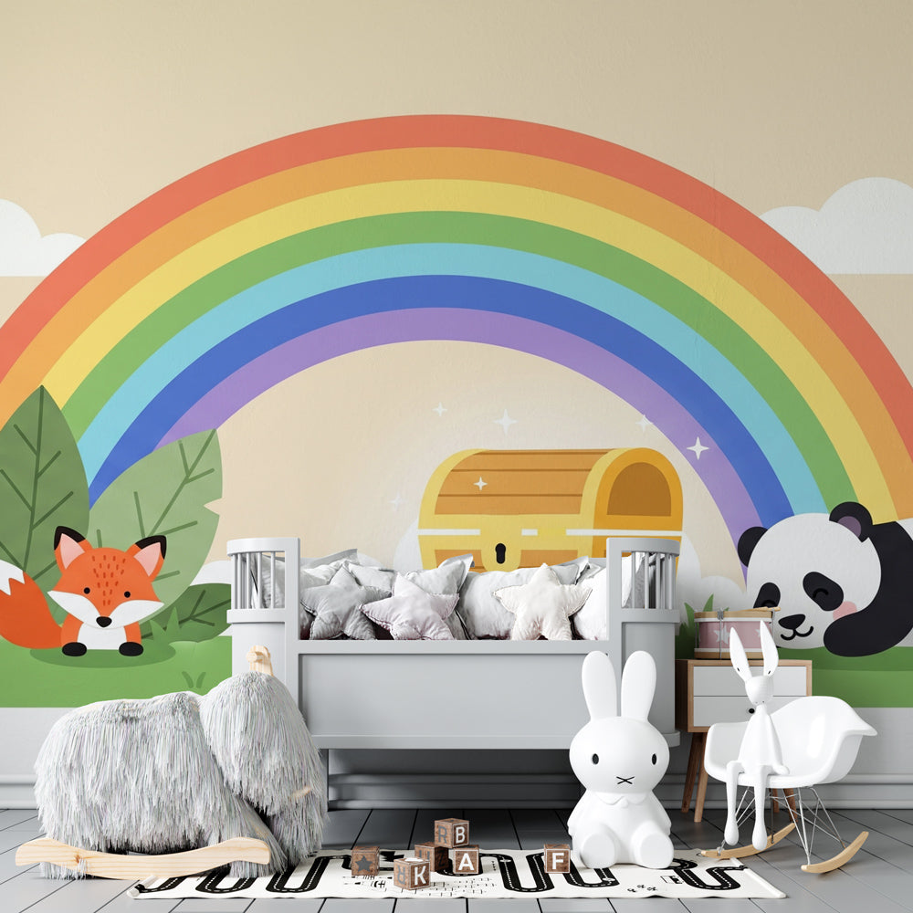 Animal rainbow wallpaper creating magical kids bedroom decor with natural wood furniture