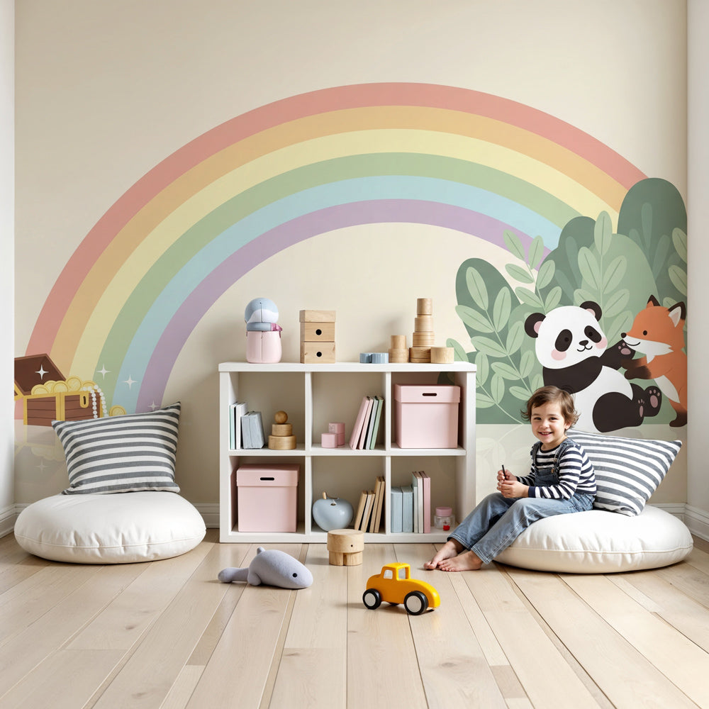 Animal rainbow mural wallpaper with panda and fox in modern nursery by Kids-Mundo