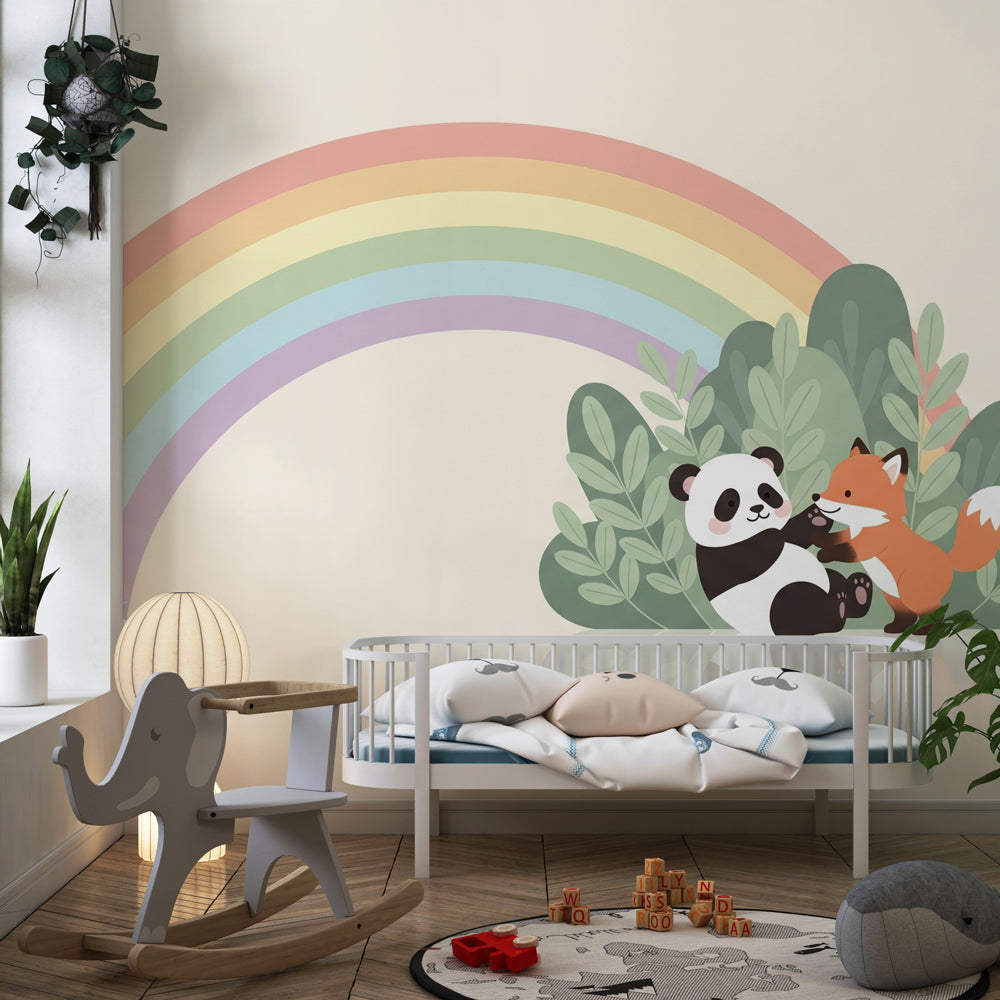 Children's animal rainbow mural wallpaper transforming playroom into adventure space