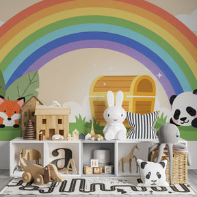 Fox panda rainbow mural wallpaper transforming children's playroom into adventure space