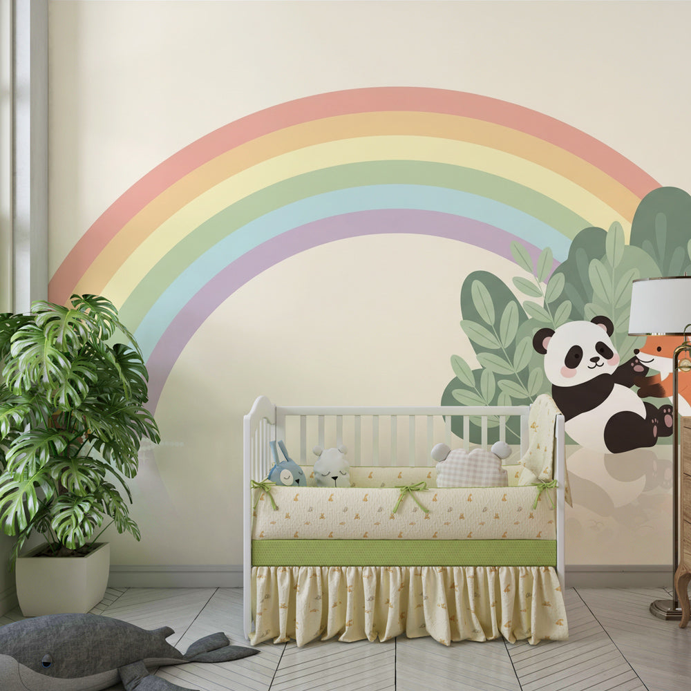 Panda fox rainbow wallpaper creating magical atmosphere in toddler bedroom decor