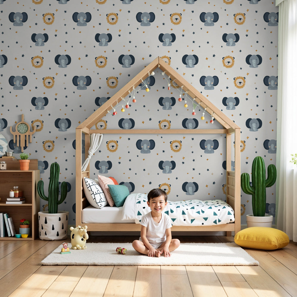 Animal safari mural wallpaper with elephants and lions creating magical nursery decor by Kids-Mundo